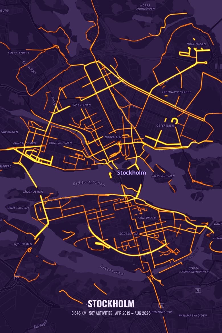 Example Heatmapster poster: a purple-themed heatmap of central Stockholm, orange activity lines tracing the waterfronts of Södermalm, Kungsholmen and Norrmalm, captioned with total distance, activity count and date range