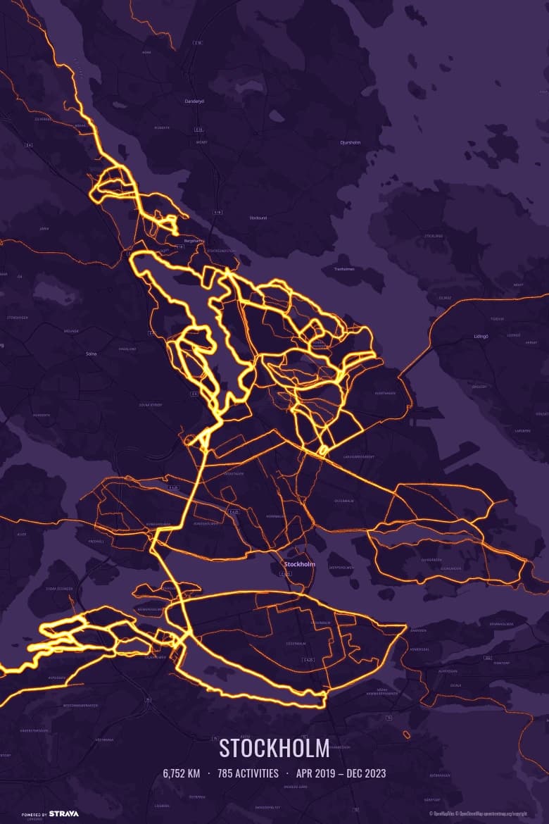 Example Heatmapster poster: a purple-themed heatmap of Stockholm from 785 real runs and rides, glowing yellow-orange where routes repeat around Brunnsviken, Haga, Södermalm, Långholmen and Djurgården, captioned STOCKHOLM with 6,752 km, 785 activities and Apr 2019 – Dec 2023